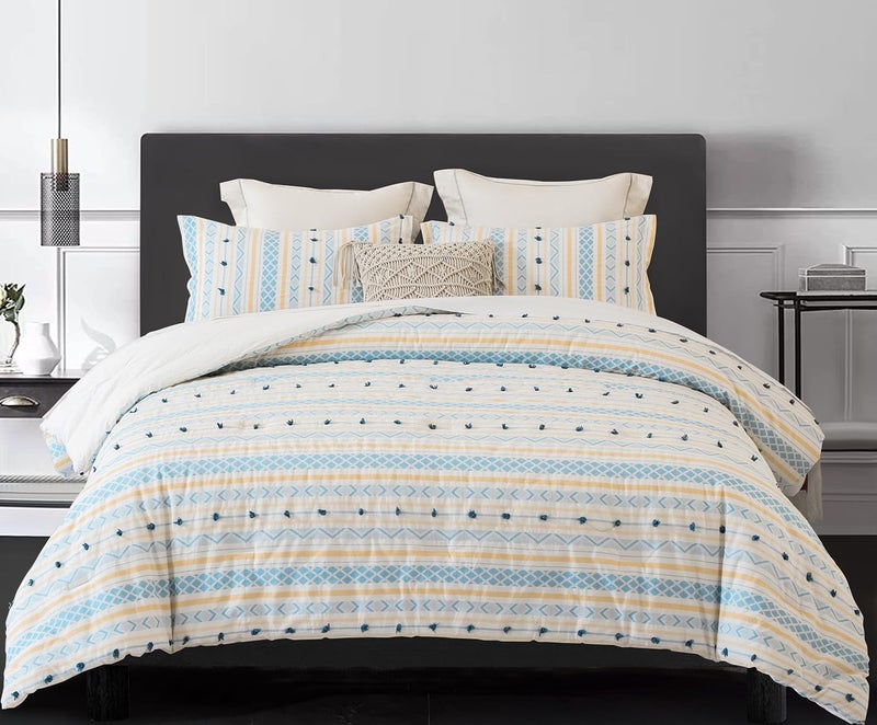 SLEEPBELLA Comforter Queen Size, 600 Thread Count Cotton White and Navy Striped Patchwork Reversible Pattern Reversible Blue Comforter Set,Down Alternative Bedding Set 3Pcs (Queen, Blue Patchwork) - Image 1